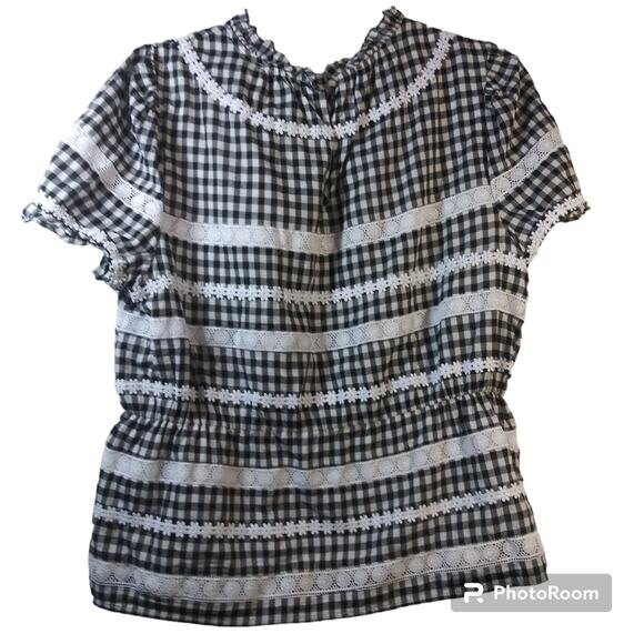 J Crew Black Gingham Daisy Chain Lace Peplum Peasant Short Sleeve Blouse Size M - Picture 3 of 11